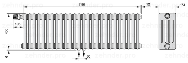 Схема (чертеж) Радиатор Zehnder Charleston 5045/26 №V007 Белый глянцевый RAL 9016